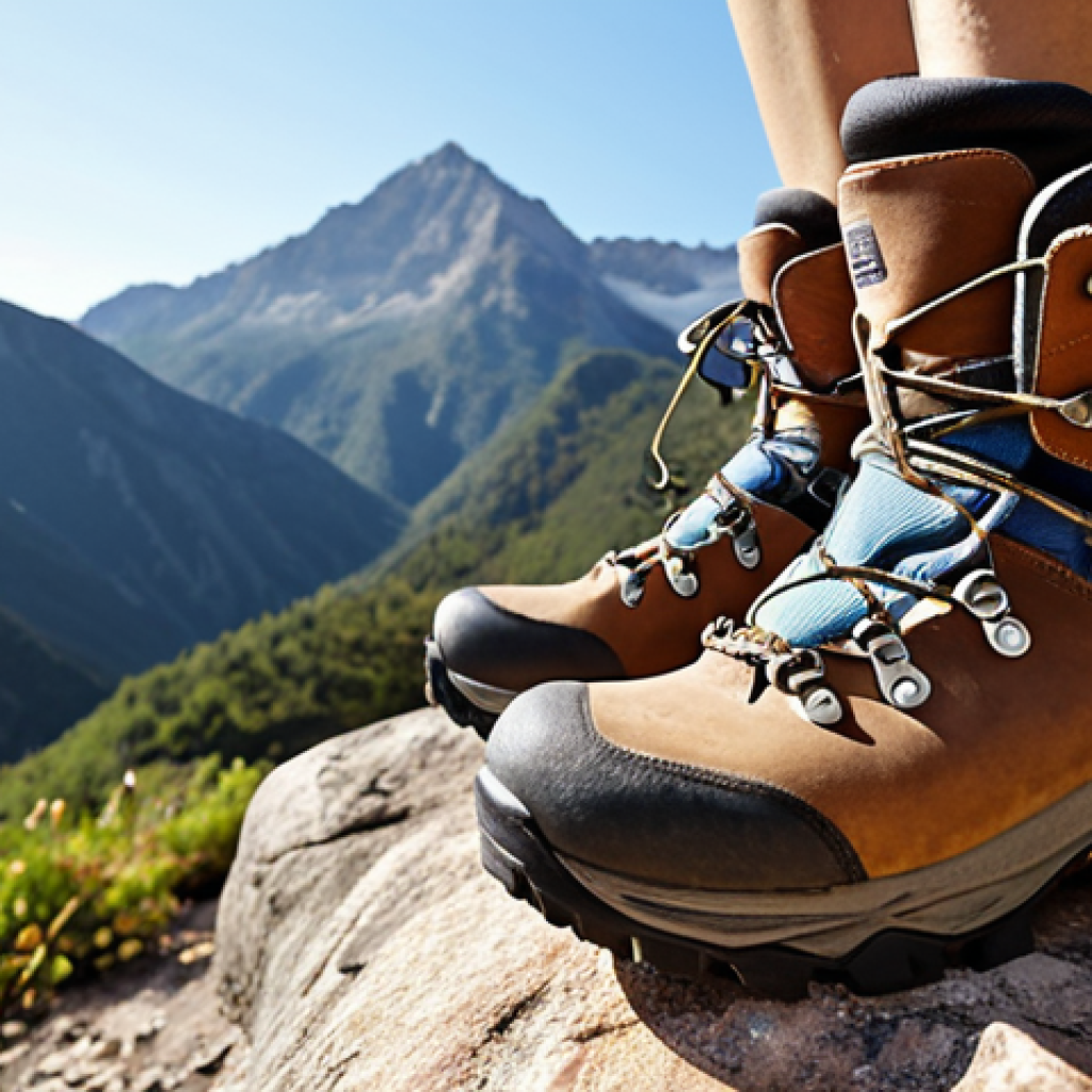 **Image Prompt:** Hiking boots on a rocky trail, focus on the sturdy soles and ankle support. Show a scenic mountain view in the background. The lighting should be bright and natural. *Keywords: trekking shoes, hiking, mountain, safety, outdoor gear.*