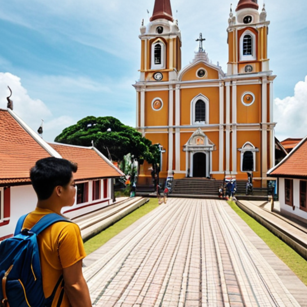 **A hiker standing on a historical trail in Melaka, Malaysia. In the background, showcase historical buildings like St. Paul's Church and Stadthuys under a serene sky.** (Focus: History, architecture, peaceful environment)
