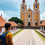 **A hiker standing on a historical trail in Melaka, Malaysia. In the background, showcase historical buildings like St. Paul's Church and Stadthuys under a serene sky.** (Focus: History, architecture, peaceful environment)