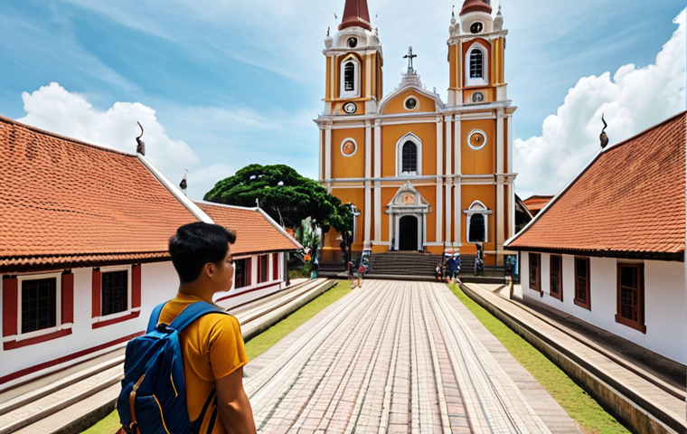 **A hiker standing on a historical trail in Melaka, Malaysia. In the background, showcase historical buildings like St. Paul's Church and Stadthuys under a serene sky.** (Focus: History, architecture, peaceful environment)